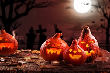 Canvas Print - Haunted background with scary pumpkins and full moon.