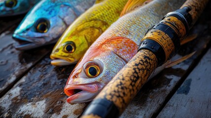 Colorful fish displayed on a wooden surface next to a fishing rod after a successful catch