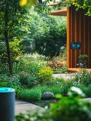 Poster - A flourishing smart garden features automated sprinklers and soil sensors, creating an ideal environment for diverse plant life. Generative AI