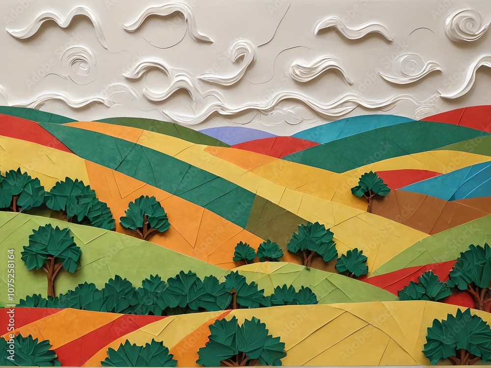 Embossed Landscape wallpaper depicting an embossed landscape that mimics torn paper ...