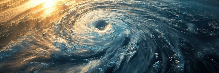 Poster - A powerful hurricane takes shape over the vast ocean, surrounded by swirling clouds and illuminated by the setting sun. Generative AI
