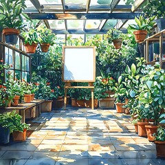 Wall Mural - Watercolor Illustration of a Greenhouse with a Blank Canvas.