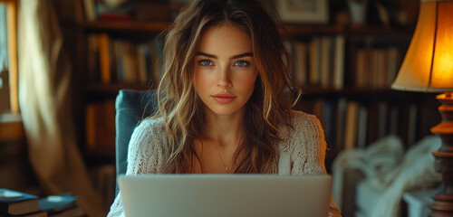 Poster - Business Woman Working Remotely on Laptop in Home Office Setting for Online Productivity
