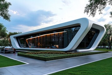Aufkleber - A futuristic house with glass walls, sharp angles, and an automated garden, set in a high-tech environment