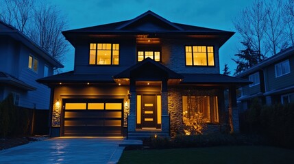 Poster - A contemporary house showcases glowing alarm system lights at night, providing added security in a quiet residential area. Generative AI