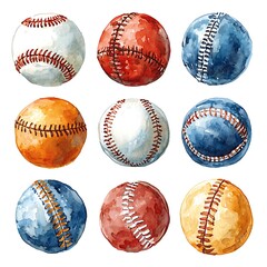 Sticker - Watercolor Baseball Set - 9 Different Colored Balls.