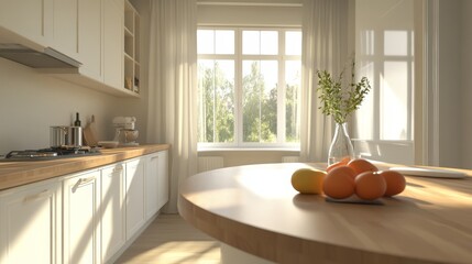 Poster - a clean, bright kitchen with a beautiful, round wooden countertop. it's perfect for showcasing produ