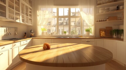 Poster - a clean, bright kitchen with a beautiful, round wooden countertop. it's perfect for showcasing produ