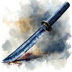 Sticker - Japanese Sword in a Watercolor Landscape.