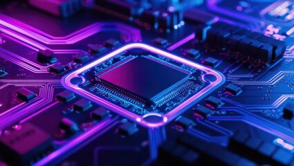 Poster - close-up of a circuit board featuring a microprocessor with vibrant purple lighting