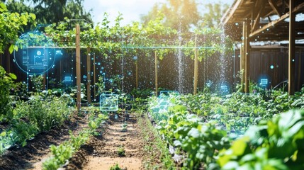 Poster - This lush garden features automated sprinklers and soil sensors, creating an efficient irrigation system filled with thriving plants. Generative AI