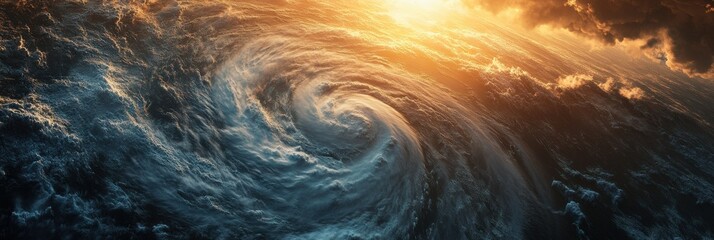 Poster - A massive hurricane is forming over the deep ocean waters, showcasing its spiral shape against a dramatic sunset backdrop. Generative AI