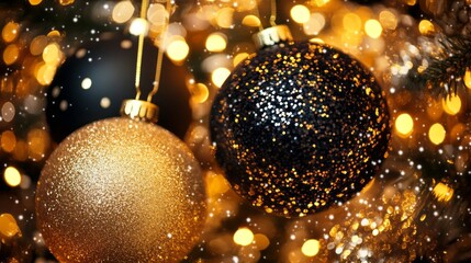 Aufkleber - Two gold and black Christmas ornaments hanging from a tree