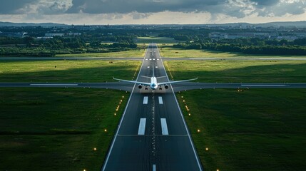 Poster - An airport runway with planes taking off and landing, supported by efficient transportation infrastructure. 