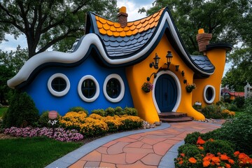 Poster - A whimsical fairy-tale house with a curved roof, colorful walls, and small round windows, set in an enchanted forest