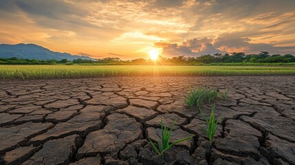 Poster - Beneath a blazing sun, a parched landscape of cracked earth showcases withered plants against the backdrop of a vibrant sunset. Generative AI