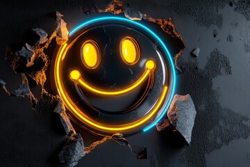 Poster - Futuristic holographic smiley face with neon accents and a glowing, cheerful aura against a dark background