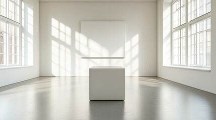 Leinwandbilder - Clean, white display pedestal in an empty room with soft natural light, perfect for highlighting individual products
