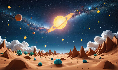 Wall Mural - A desert landscape under a starry night sky with a planet and a ring system in the distance