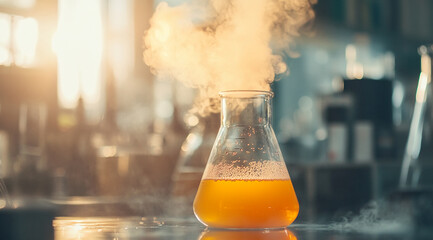 Poster - A glass flask filled with a yellow liquid is bubbling and releasing white smoke in a laboratory setting