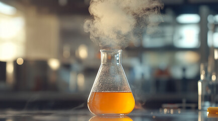 Poster - A glass beaker filled with a yellow liquid sits on a table, steaming in a laboratory setting