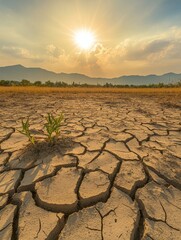 Poster - The ground reveals cracks from drought, with sparse, wilting plants struggling under the intense heat of the setting sun. Generative AI
