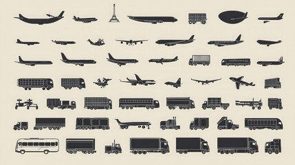 Poster - A set of sleek and simple transportation icons, including trucks, planes, and buses, laid out on a background. 