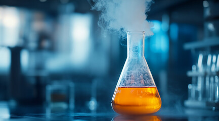 Poster - A beaker filled with a yellow liquid sits on a table in a laboratory, emitting smoke as the contents react