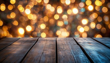 Poster - Blurred Restaurant Lights Illuminate Wooden Table: A Captivating Image Of Ambiance And Coziness.