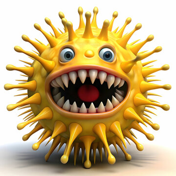 A yellow spiky germ character with sharp teeth, designed