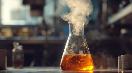 Poster - A glass flask filled with a yellow liquid sits on a counter in a laboratory. The liquid is steaming and bubbling as it heats
