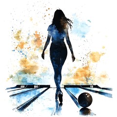 Sticker - Watercolor Silhouette of a Woman Bowling.