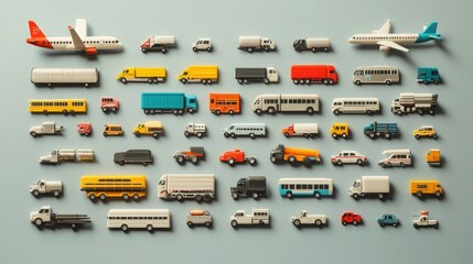 Poster - A wide range of transportation icons, including cars, trucks, buses, and planes, laid out on a clean background. 