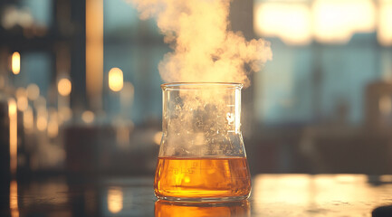 Poster - A glass beaker containing a golden liquid is on a table, with steam rising from it