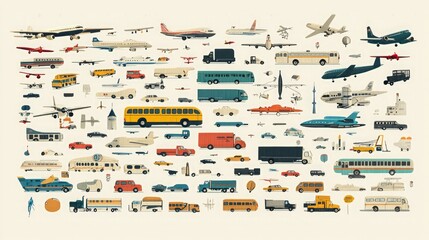 Aufkleber - A wide range of transportation icons, including cars, trucks, buses, and planes, laid out on a clean background. 