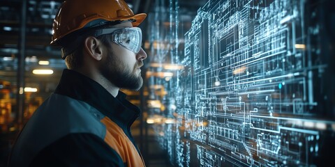 Fototapete - Construction worker wearing safety glasses looking at a digital blueprint.