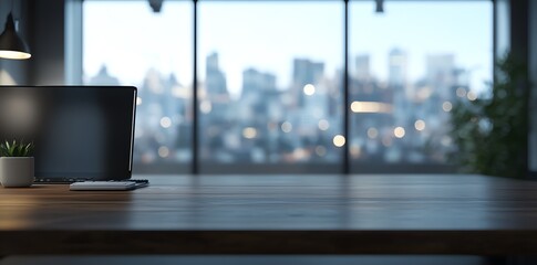 Aufkleber - Empty wooden desk with laptop, potted plant and city skyline in the background.