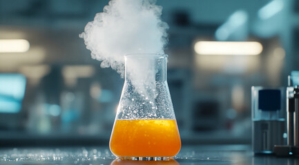 Poster - A beaker filled with an orange liquid is releasing a cloud of white smoke in a laboratory setting