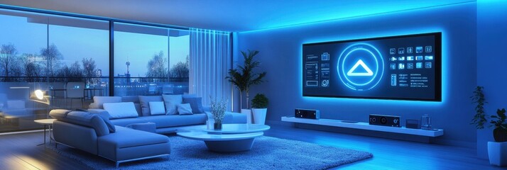 Poster - The living room showcases sleek furniture with ambient smart lighting creating a calming atmosphere as evening descends. Generative AI