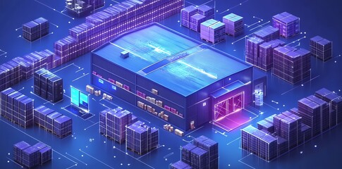 Aufkleber - Futuristic Warehouse with Digital Technology and Automation, Network Connections, Logistics and Supply Chain Management.