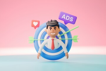 Poster - 3D illustration of a man standing in the middle of a target with arrows pointing at him.