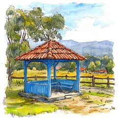 Wall Mural - Watercolor painting of a blue wooden gazebo with a red tile roof in a rural landscape.