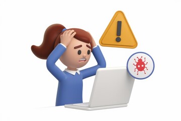 Poster - A 3D cartoon girl is stressed out because her computer has a bug.