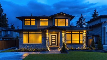 Aufkleber - This modern house features warm lighting at night, with glowing alarm system indicators on the windows and doors for added security. Generative AI