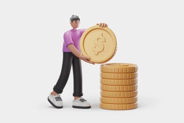 Poster - 3D cartoon character adding a dollar coin to a stack of coins