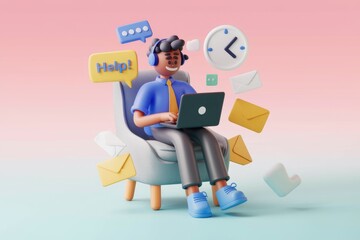 Poster - Person working on laptop with email notifications and help message.