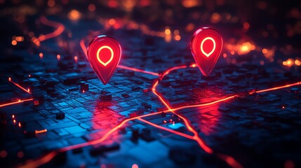 Poster - Two glowing red location pins on a futuristic city map with illuminated pathways.