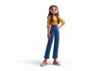 Poster - A 3D cartoon girl in yellow sweater and blue jeans stands confidently.