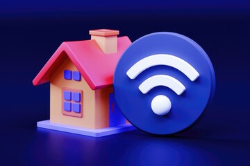 Poster - A 3D rendering of a house with a wifi symbol  representing internet connectivity in the home.
