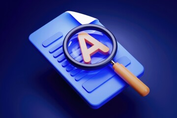 Poster - A magnifying glass focuses on the letter A on a blue document.